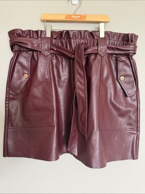 Burgundy Faux Leather Paperbag skirt with Belt XL